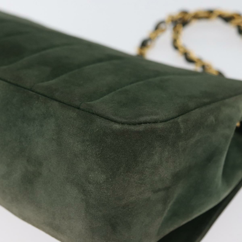 【日本直送】香奈兒 Mademoiselle 鏈條肩背包，絨面革材質，綠色金色雙C標誌，正品 BSZ035SAV-12