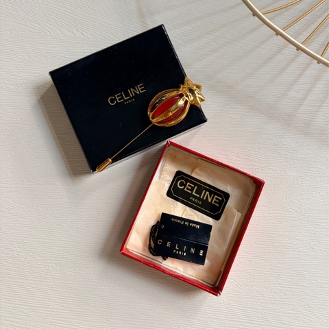 Celine 鳳梨石榴紅鍍金胸針 扣針 心口針 法國製