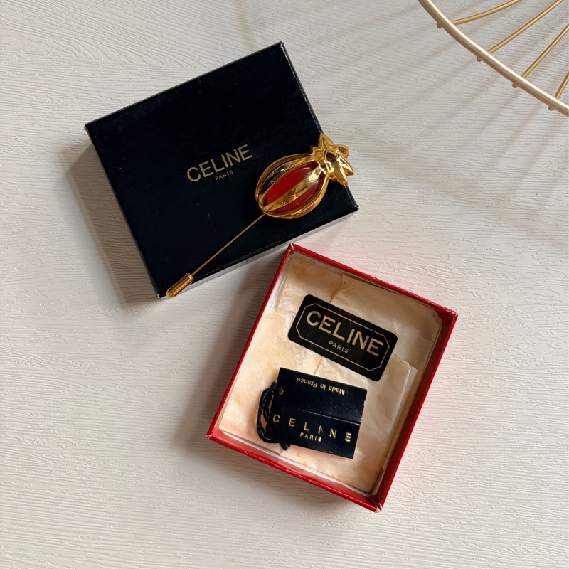 Celine 鳳梨石榴紅鍍金胸針 扣針 心口針 法國製-0