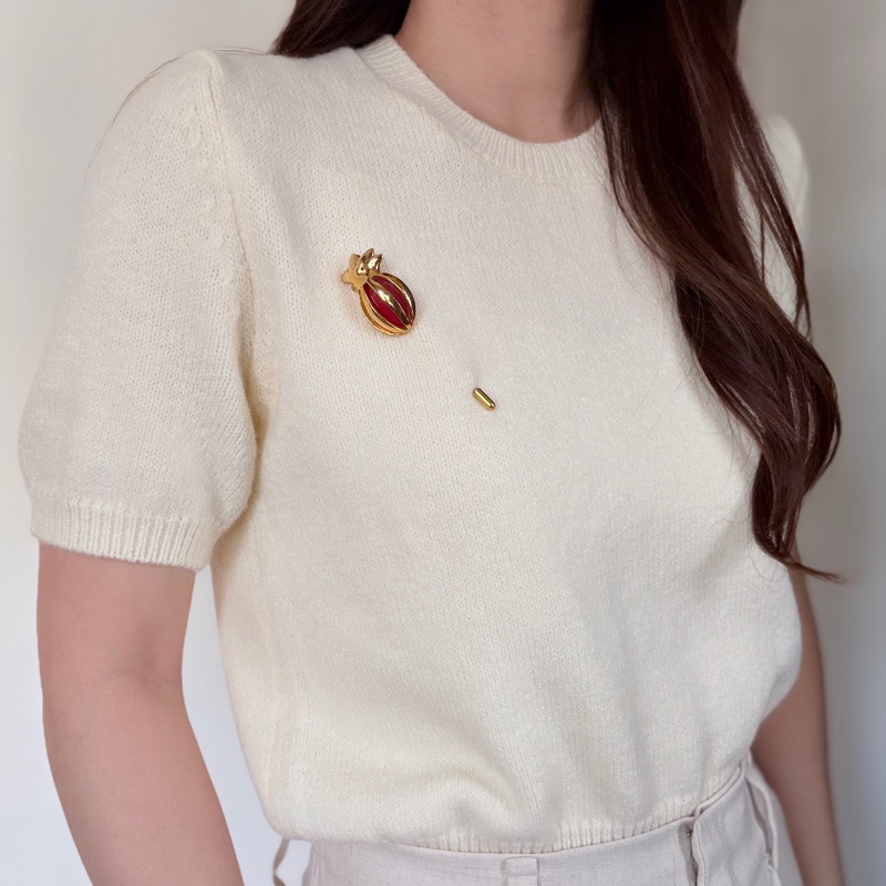 Celine 鳳梨石榴紅鍍金胸針 扣針 心口針 法國製-1