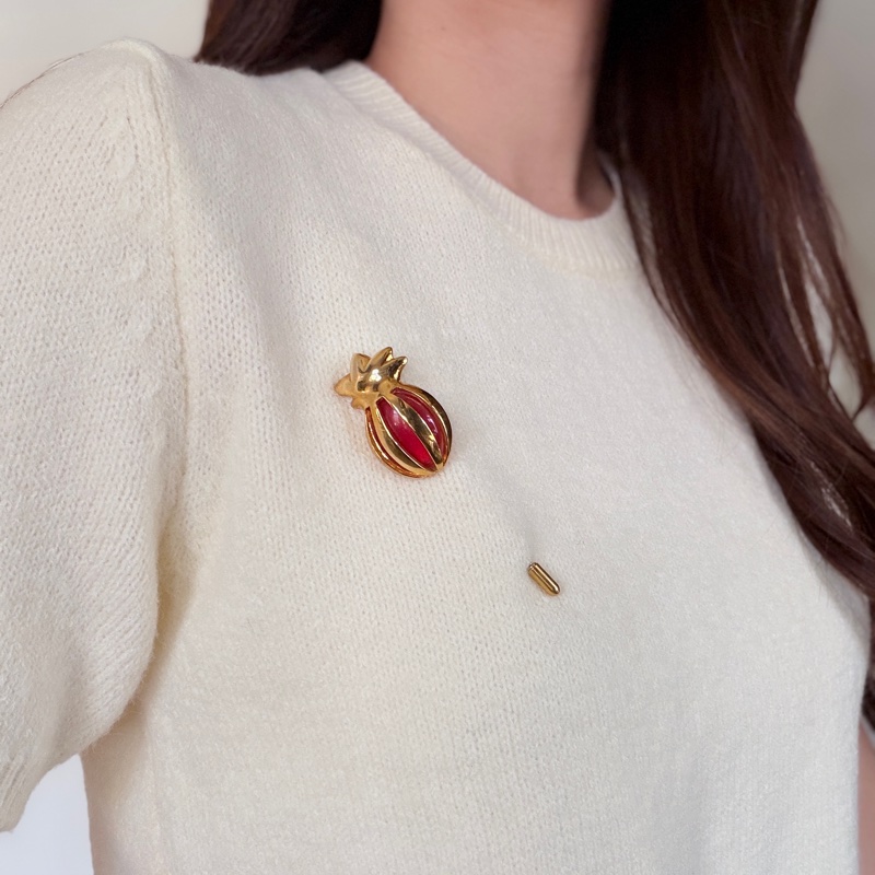 Celine 鳳梨石榴紅鍍金胸針 扣針 心口針 法國製-2
