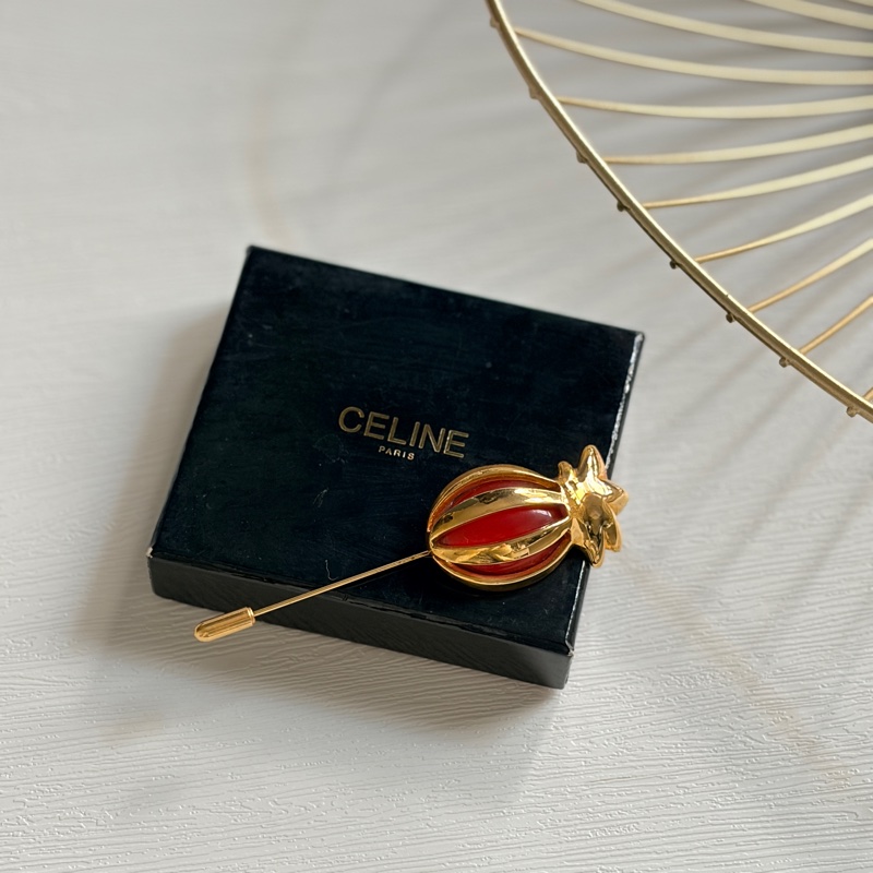 Celine 鳳梨石榴紅鍍金胸針 扣針 心口針 法國製-3