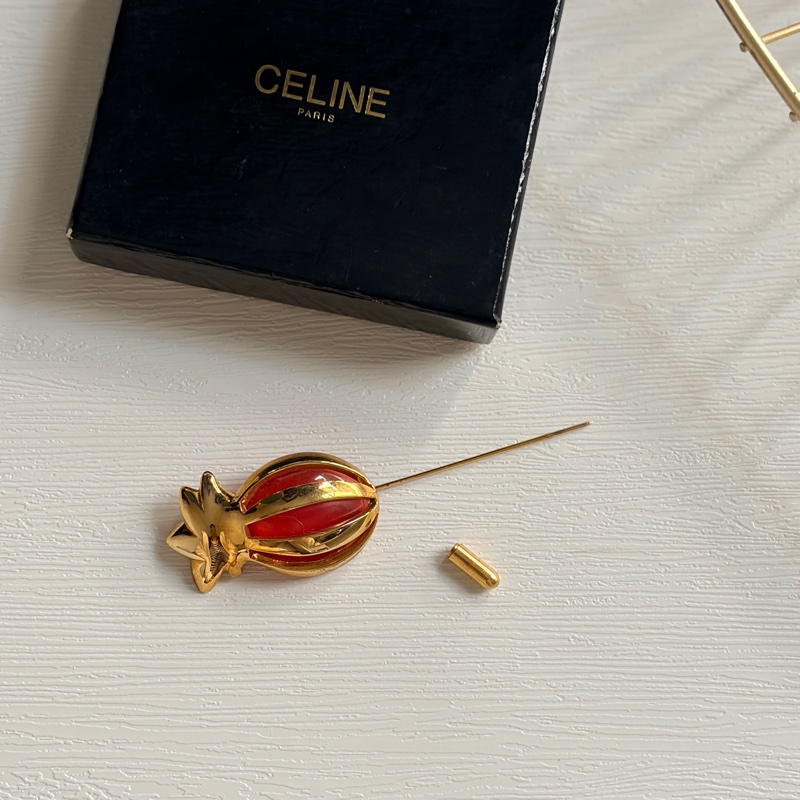 Celine 鳳梨石榴紅鍍金胸針 扣針 心口針 法國製-4