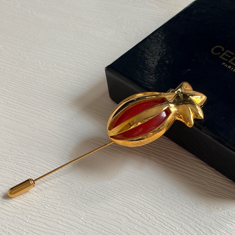 Celine 鳳梨石榴紅鍍金胸針 扣針 心口針 法國製-5