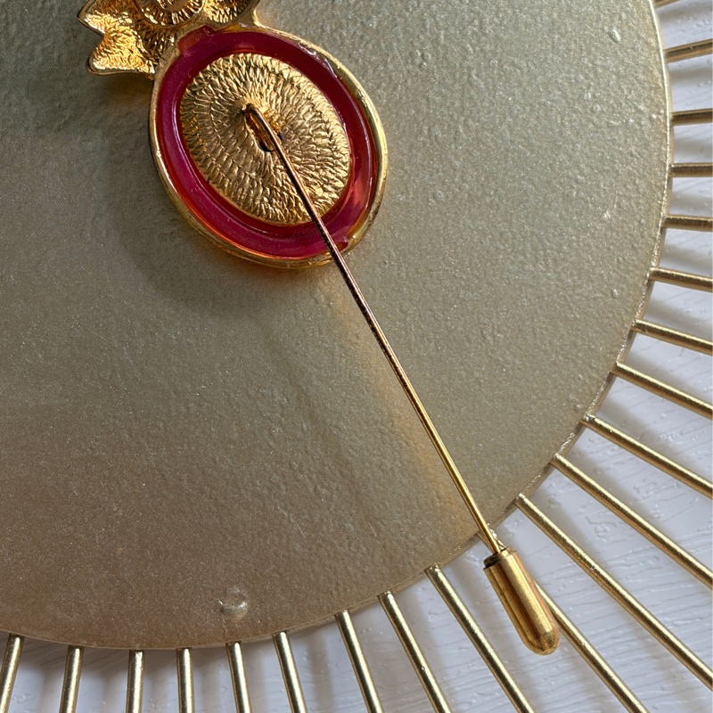 Celine 鳳梨石榴紅鍍金胸針 扣針 心口針 法國製-7