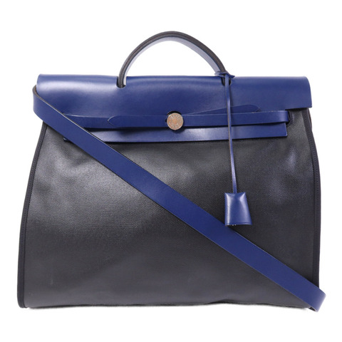 HERMES Vache Liegee皮革Herbag MM銀扣手挽肩背兩用袋Bleu Brighton/Noir