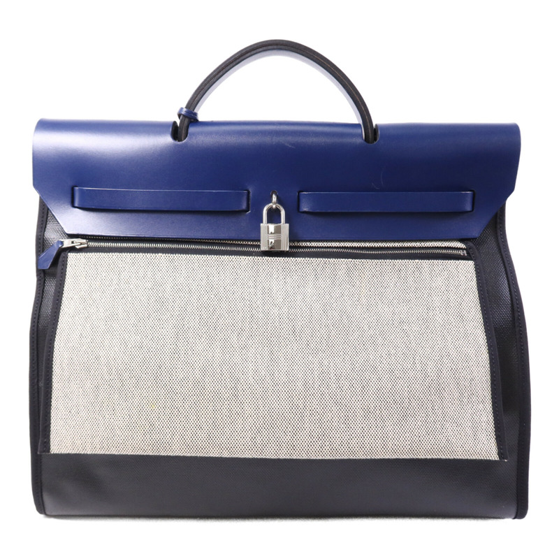 HERMES Vache Liegee皮革Herbag MM銀扣手挽肩背兩用袋Bleu Brighton/Noir-1