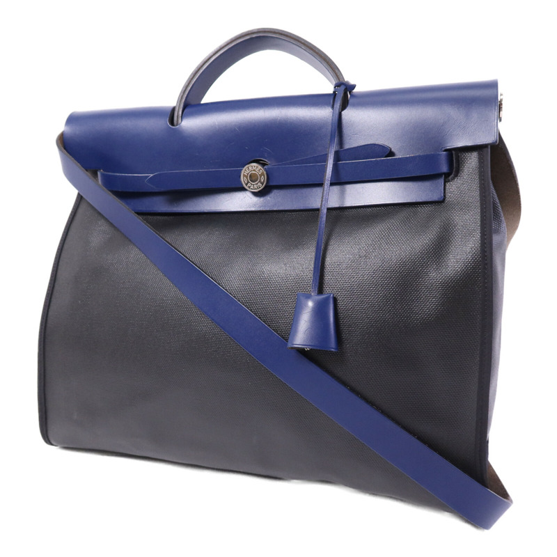 HERMES Vache Liegee皮革Herbag MM銀扣手挽肩背兩用袋Bleu Brighton/Noir-2