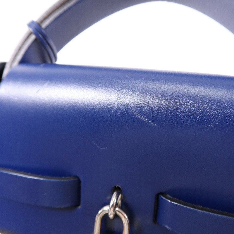 HERMES Vache Liegee皮革Herbag MM銀扣手挽肩背兩用袋Bleu Brighton/Noir-5