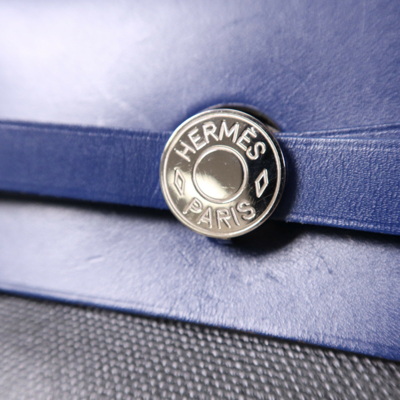 HERMES Vache Liegee皮革Herbag MM銀扣手挽肩背兩用袋Bleu Brighton/Noir-6