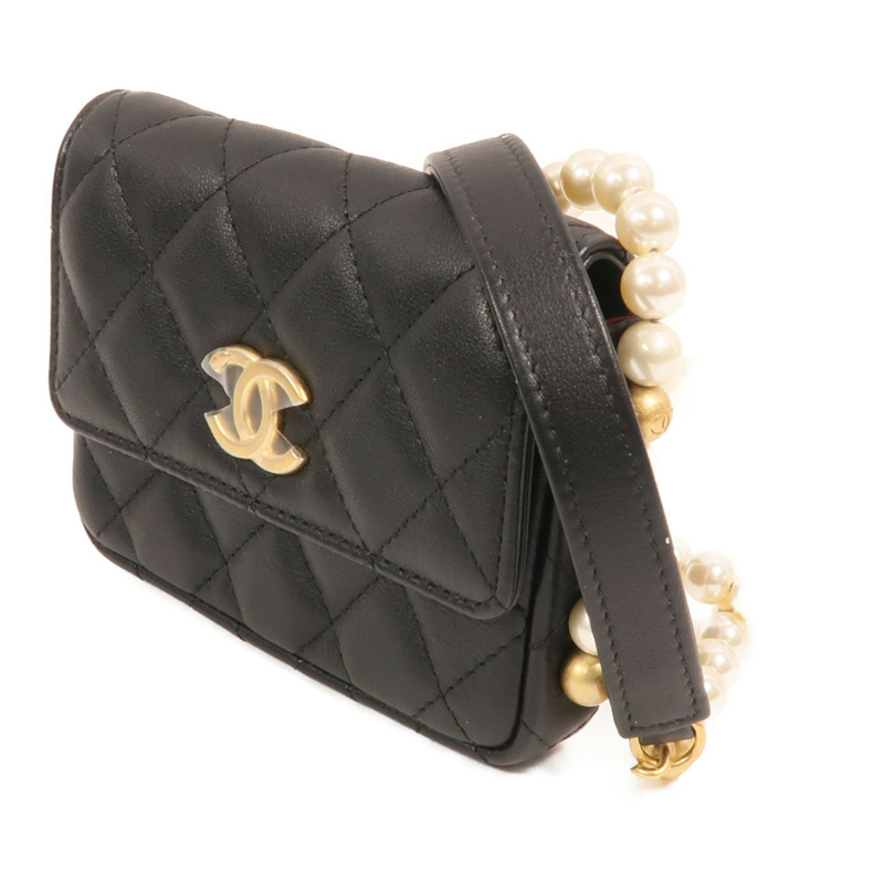 CHANEL 羊皮皮革Pearl Chain Wallet金扣鏈帶肩背袋-2