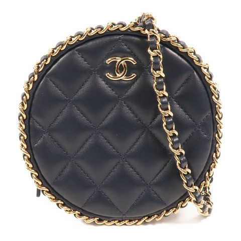 CHANEL 羊皮皮革Round Chain Bag金扣鏈帶肩背袋