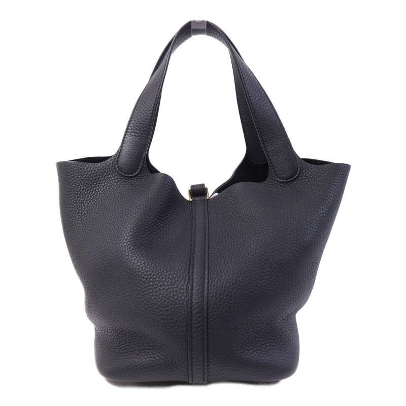 HERMES Clemence皮革Picotin MM金扣手挽袋Noir-1