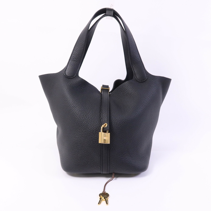 HERMES Clemence皮革Picotin MM金扣手挽袋Noir-8