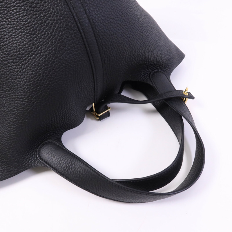 HERMES Clemence皮革Picotin MM金扣手挽袋Noir-9