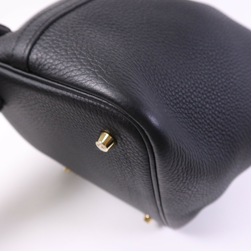 HERMES Clemence皮革Picotin MM金扣手挽袋Noir-10