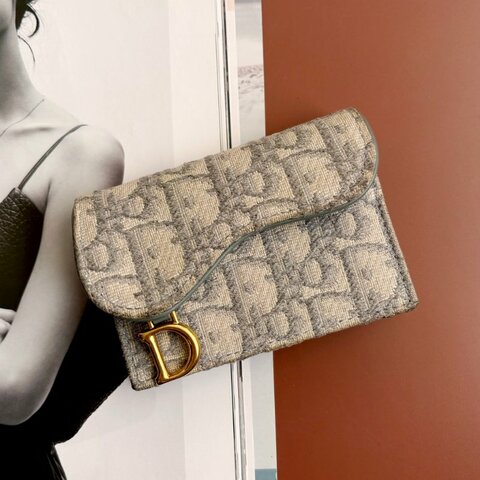::Christian Dior:: Dior Saddle Bloom 卡夾灰色Dior Oblique 緹花零錢包 卡包