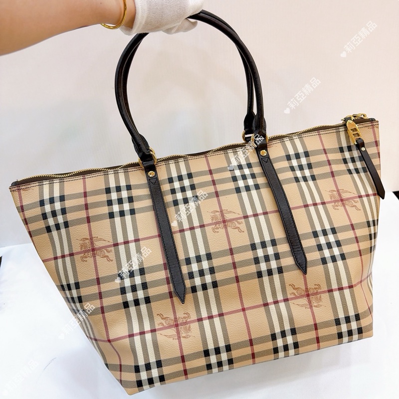 莉亞精品♡ Burberry 格紋拉鍊托特包 二手美包-2