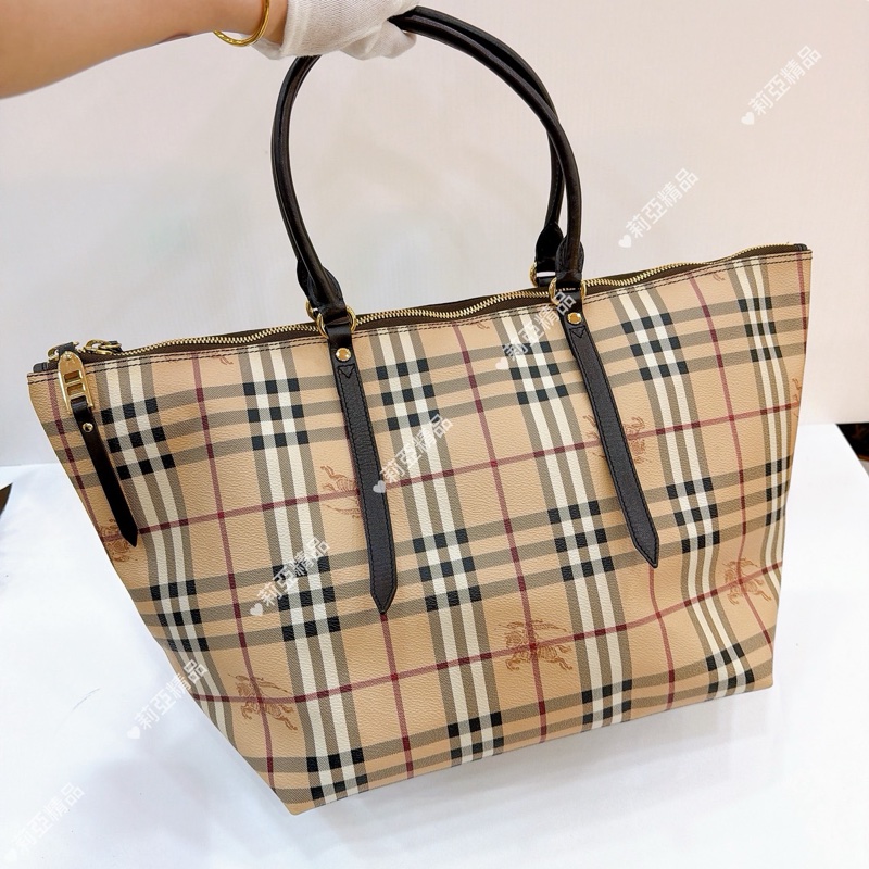 莉亞精品♡ Burberry 格紋拉鍊托特包 二手美包-3