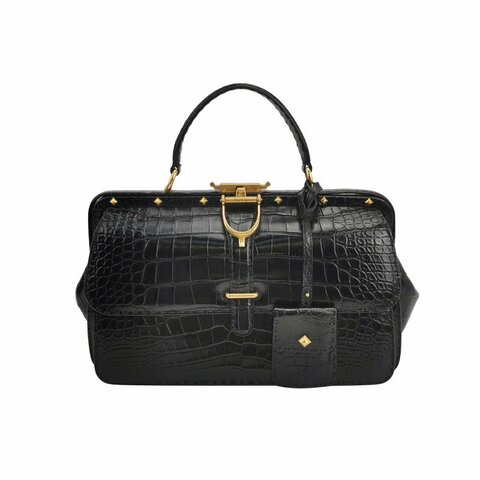 Gucci 鱷魚皮純色壓紋字母ogo金屬扣手提包