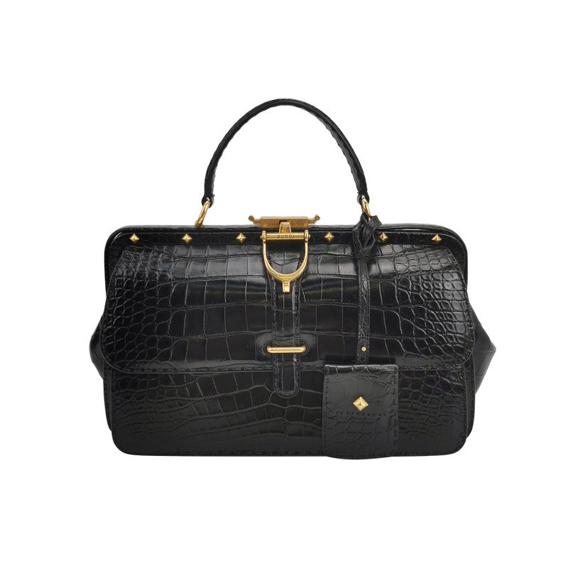 Gucci 鱷魚皮純色壓紋字母ogo金屬扣手提包-0