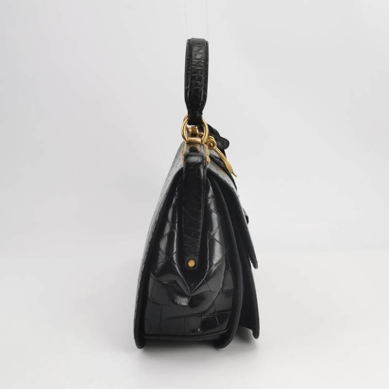 Gucci 鱷魚皮純色壓紋字母ogo金屬扣手提包-3