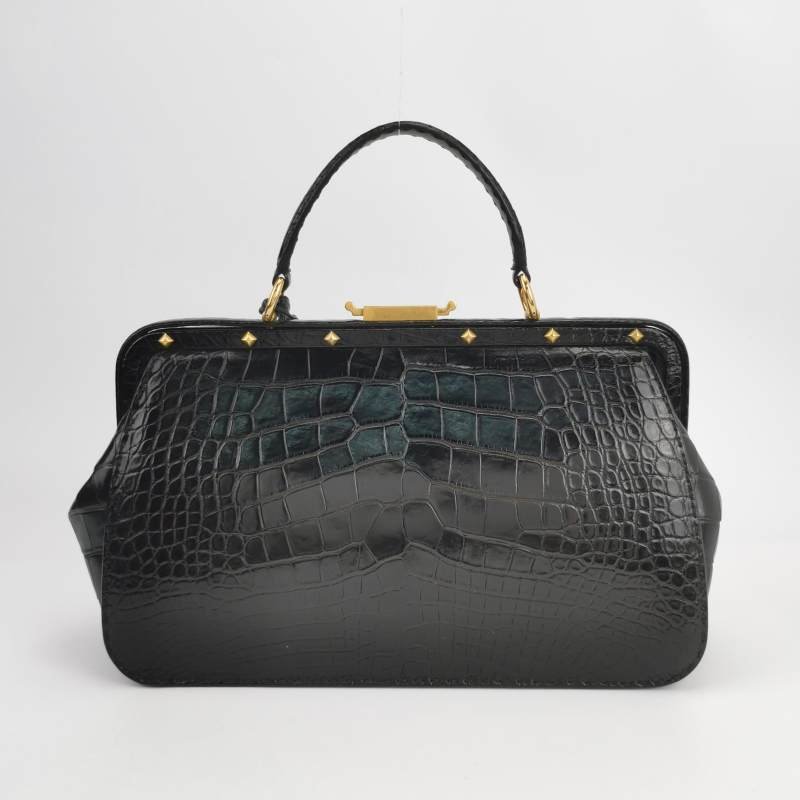 Gucci 鱷魚皮純色壓紋字母ogo金屬扣手提包-4