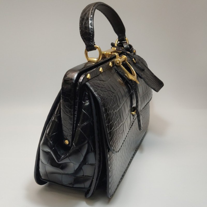 Gucci 鱷魚皮純色壓紋字母ogo金屬扣手提包-20