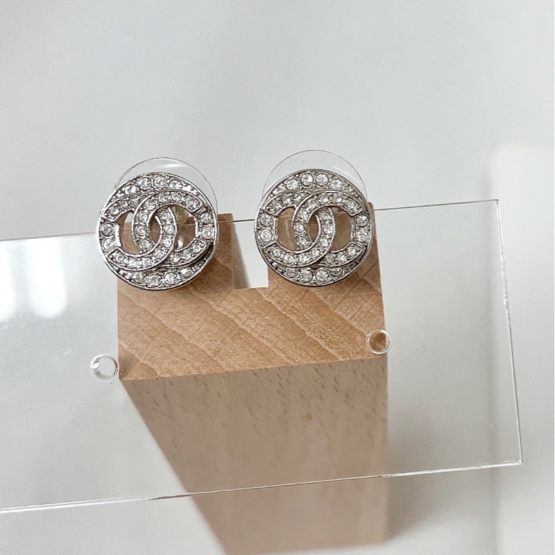 莉亞精品♡Chanel 銀色水鑽圓形耳環 二手-6