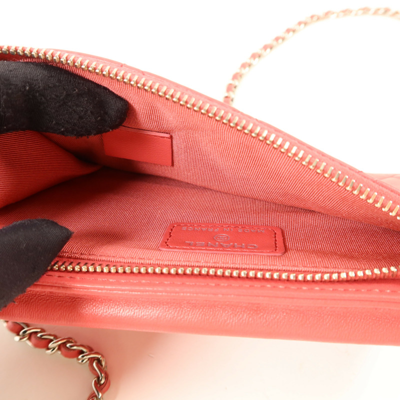 CHANEL 羊皮皮革Phone Holder Chain Shoulder銀扣鏈帶肩背袋-4