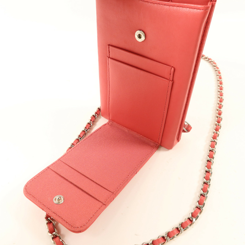 CHANEL 羊皮皮革Phone Holder Chain Shoulder銀扣鏈帶肩背袋-5