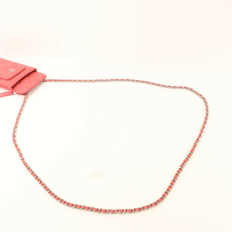 CHANEL 羊皮皮革Phone Holder Chain Shoulder銀扣鏈帶肩背袋-8