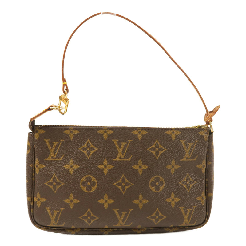 LOUIS VUITTON Monogram Pochette Accessoires金扣手挽袋棕色-1
