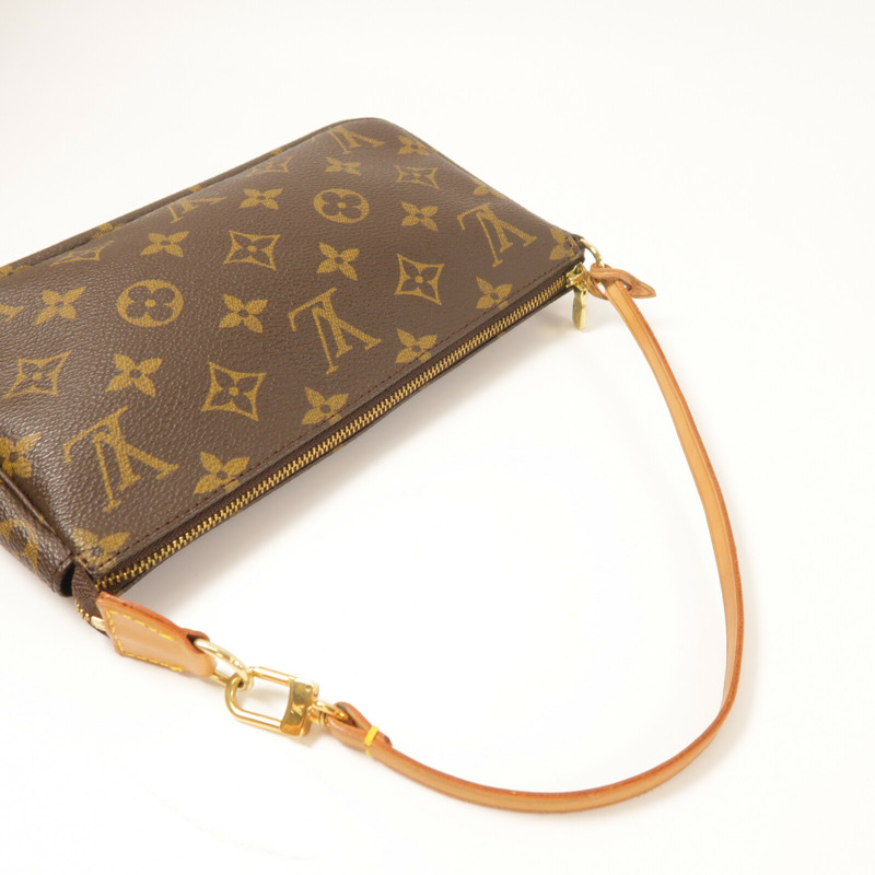 LOUIS VUITTON Monogram Pochette Accessoires金扣手挽袋棕色-7