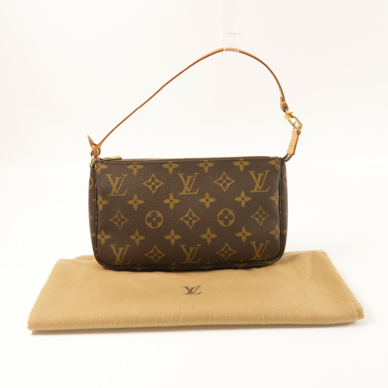LOUIS VUITTON Monogram Pochette Accessoires金扣手挽袋棕色-8