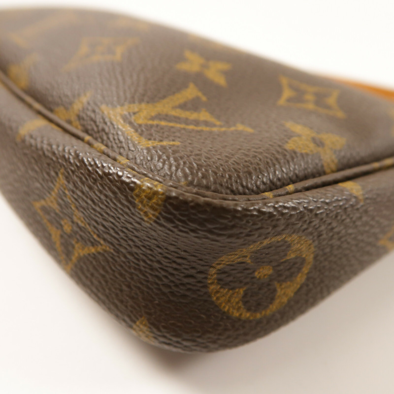 LOUIS VUITTON Monogram Pochette Accessoires金扣手挽袋棕色-10
