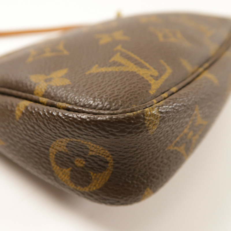 LOUIS VUITTON Monogram Pochette Accessoires金扣手挽袋棕色-11