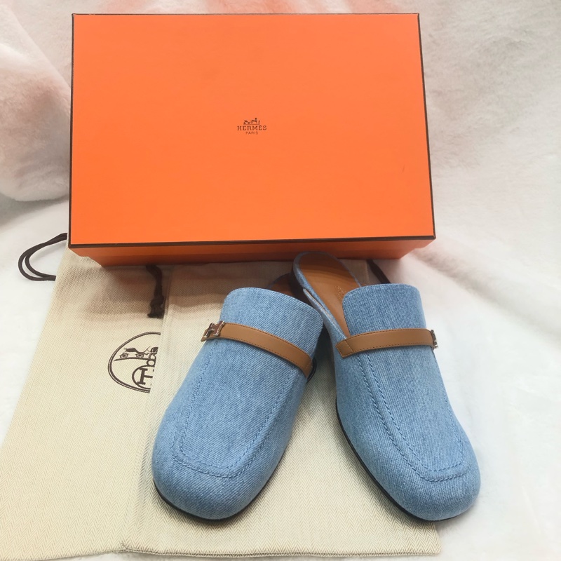 HERMES lene Mule丹寧銀色H字扣穆勒鞋 38.5 XC286-0