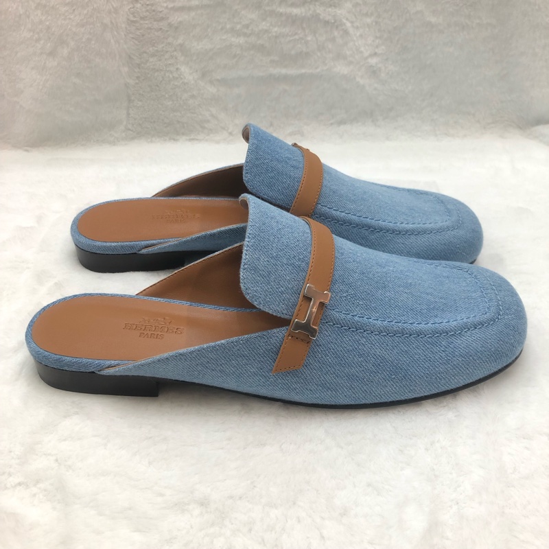 HERMES lene Mule丹寧銀色H字扣穆勒鞋 38.5 XC286-2