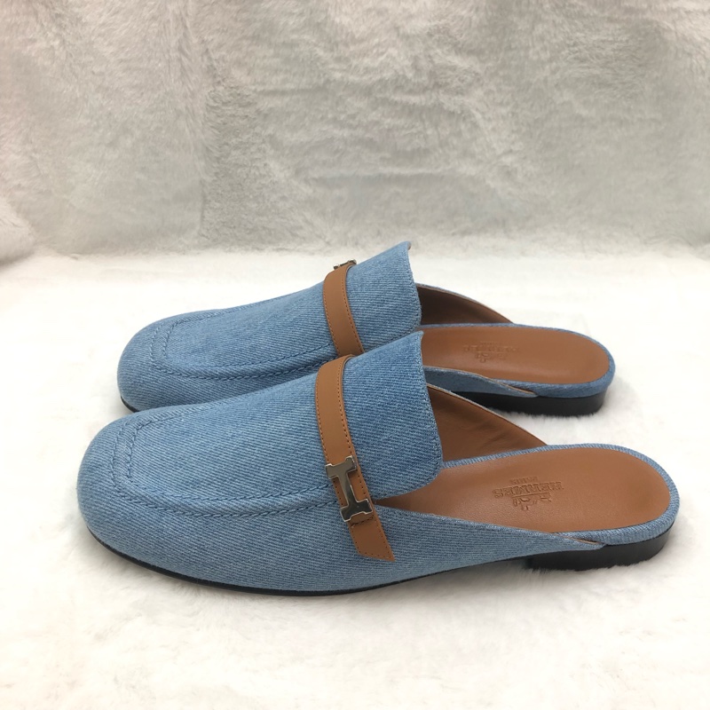 HERMES lene Mule丹寧銀色H字扣穆勒鞋 38.5 XC286-3