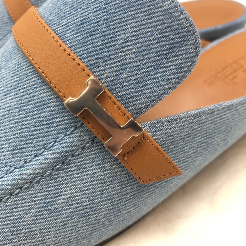 HERMES lene Mule丹寧銀色H字扣穆勒鞋 38.5 XC286-4