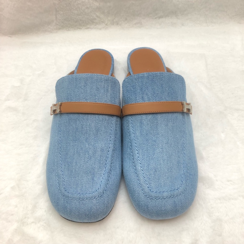 HERMES lene Mule丹寧銀色H字扣穆勒鞋 38.5 XC286-5