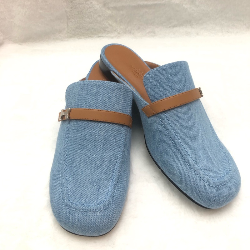 HERMES lene Mule丹寧銀色H字扣穆勒鞋 38.5 XC286-6