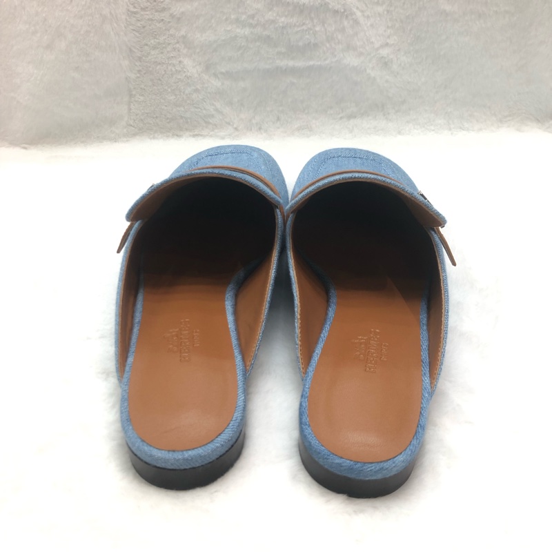 HERMES lene Mule丹寧銀色H字扣穆勒鞋 38.5 XC286-7