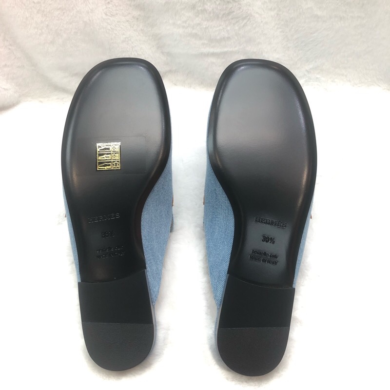HERMES lene Mule丹寧銀色H字扣穆勒鞋 38.5 XC286-11