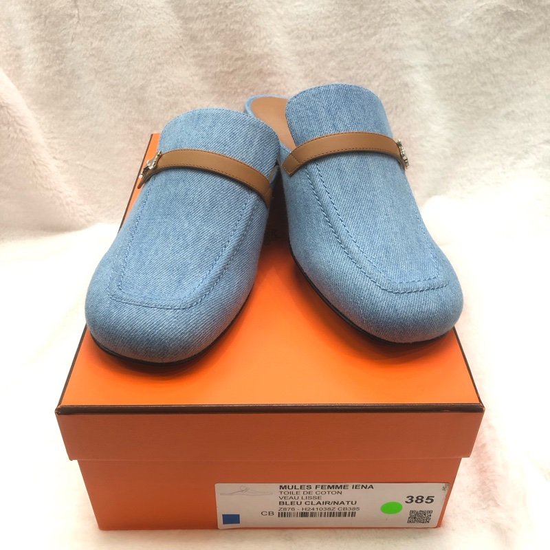 HERMES lene Mule丹寧銀色H字扣穆勒鞋 38.5 XC286-12