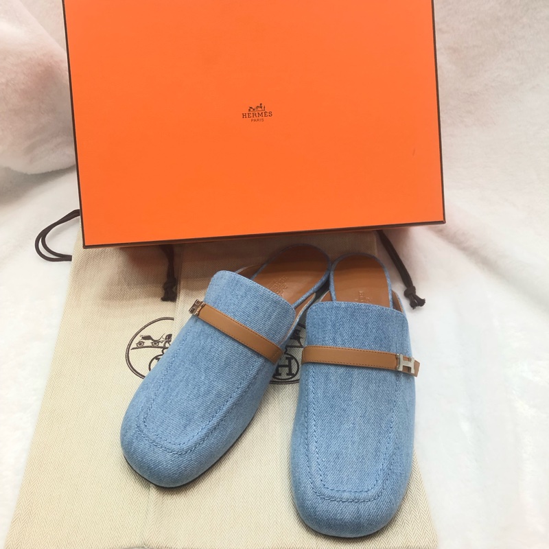 HERMES lene Mule丹寧銀色H字扣穆勒鞋 38.5 XC286-13