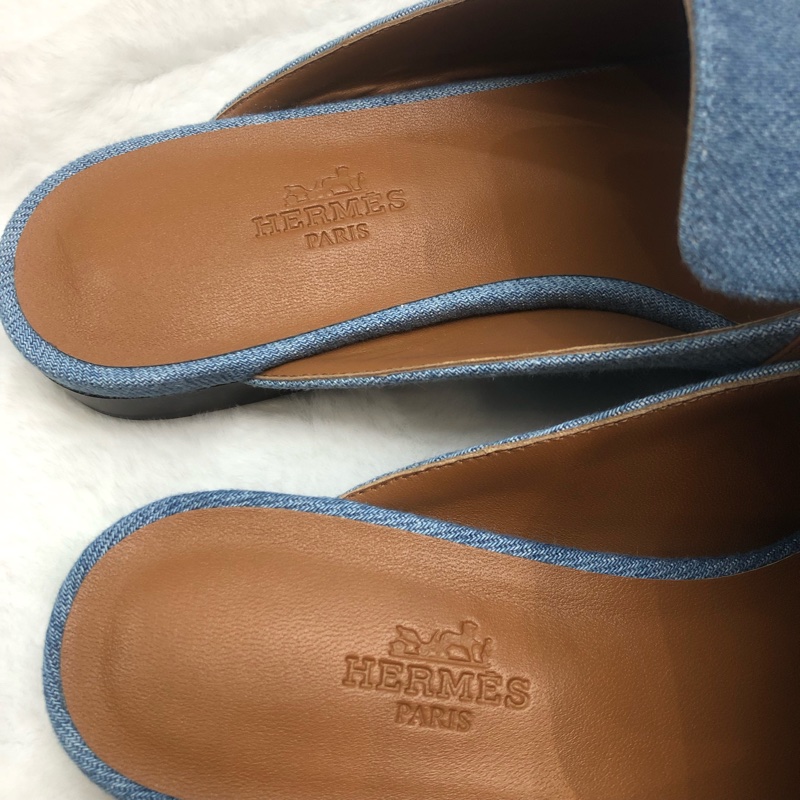 HERMES lene Mule丹寧銀色H字扣穆勒鞋 38.5 XC286-14