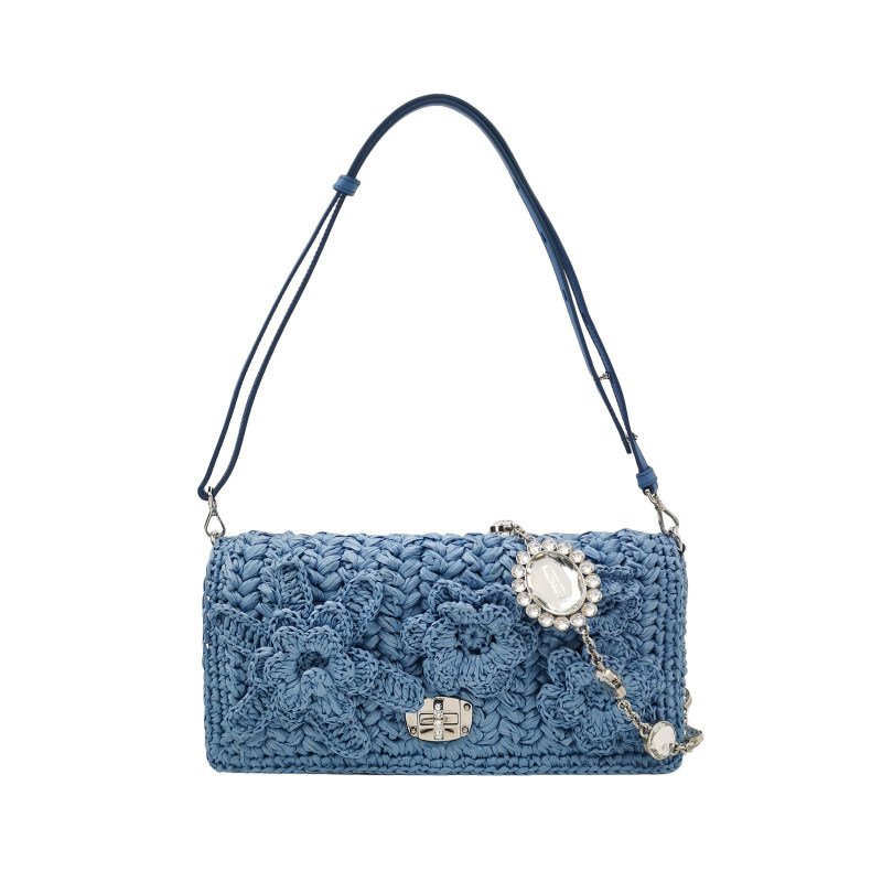 Miu Miu Miu Crystal 系列純色金屬扣珩縫鑽飾單肩包-0