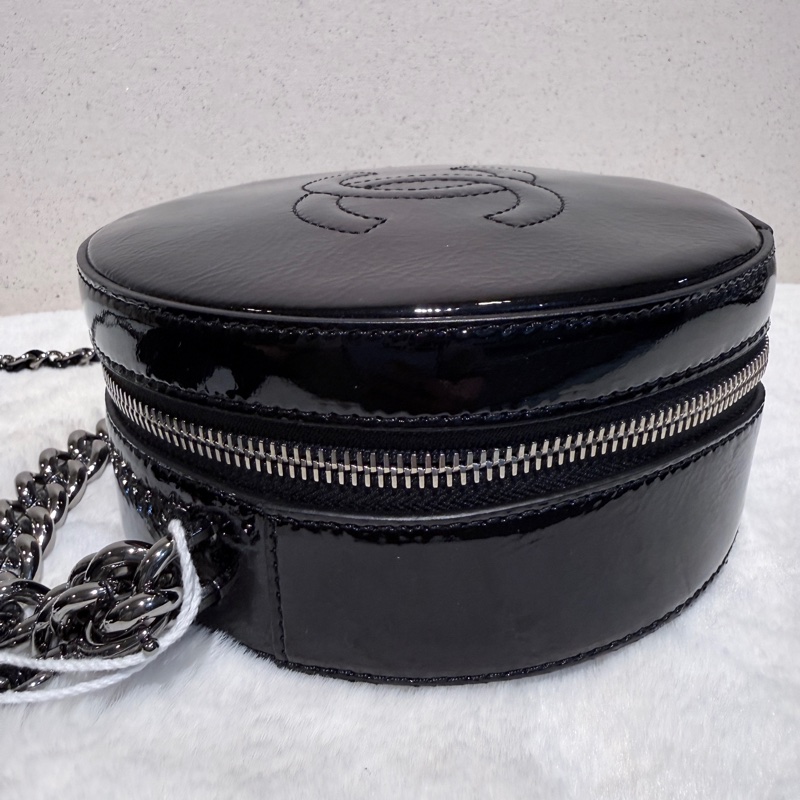 Chanel✨黑銀漆皮圓餅包鏈條包 貓頭鷹拉鍊-3